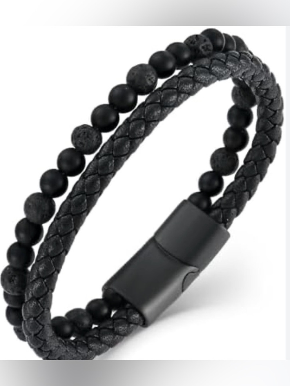 Men’s Lava Bead and Braided Leather Bracelet in Black Ion-Plated Stainless Steel